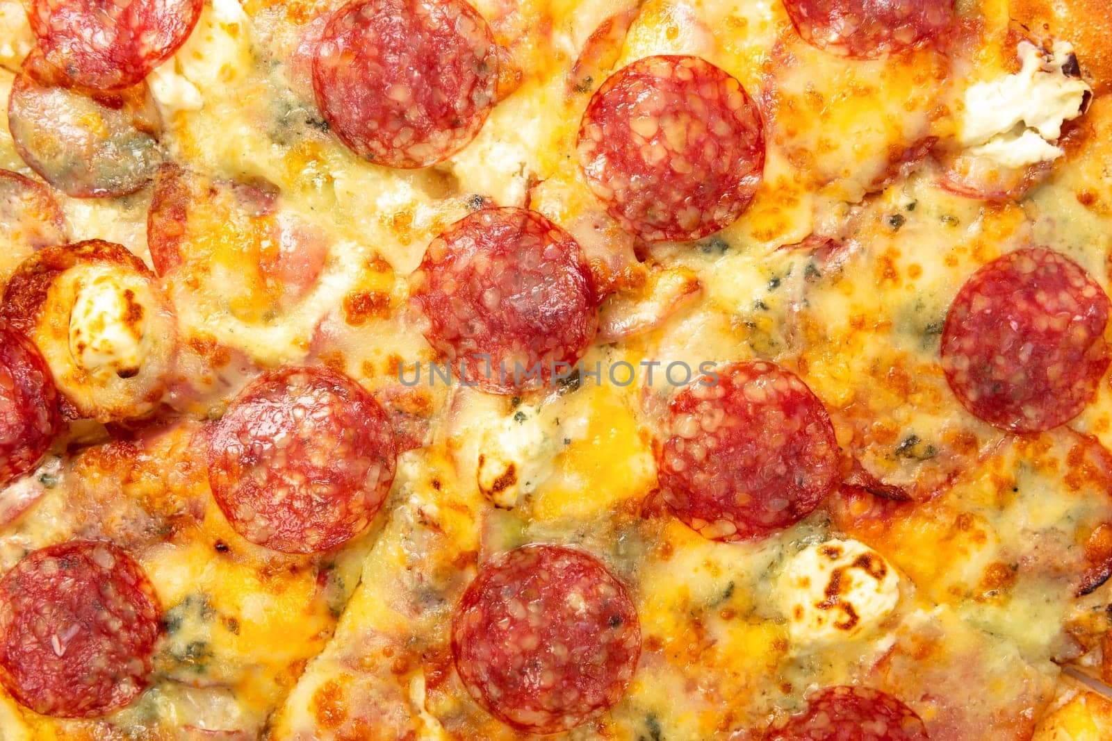 Background with delicious classic italian Pizza Pepperoni with sausages and cheese mozzarella. by BY-_-BY