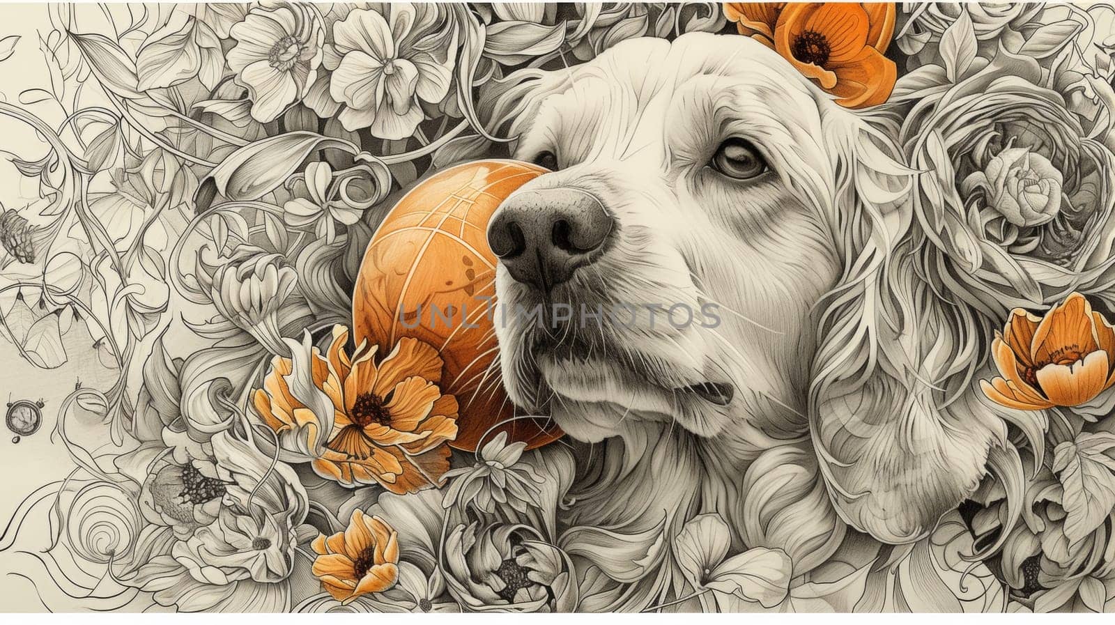 A dog with a ball in his mouth surrounded by flowers, AI by starush