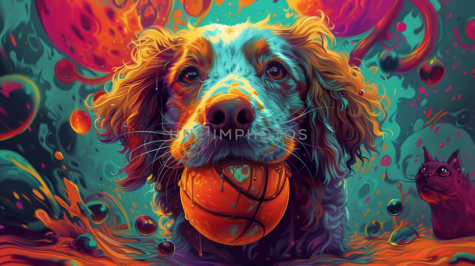 A dog with a basketball in his mouth and cat behind him