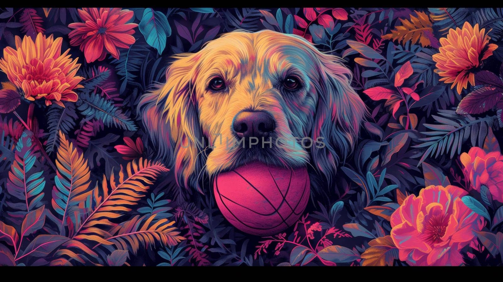 A dog with a ball in its mouth surrounded by flowers, AI by starush