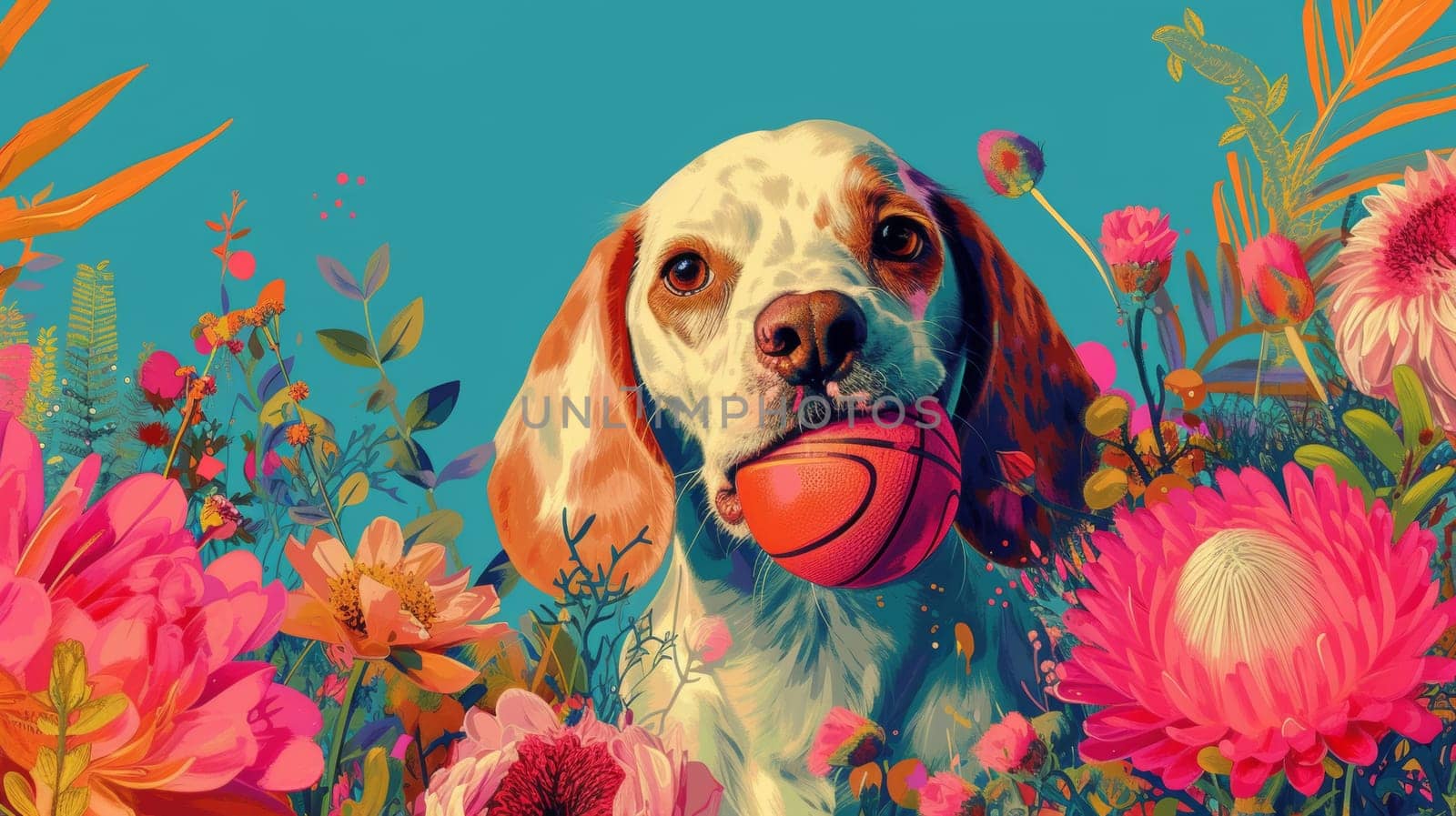 A dog with a ball in his mouth surrounded by flowers