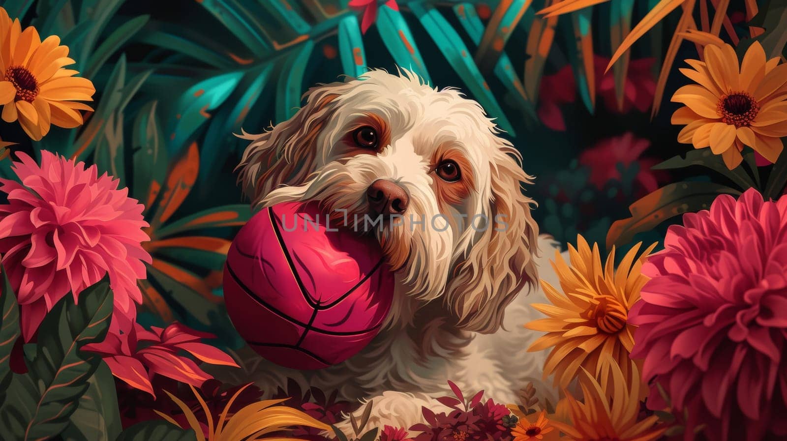 A dog with a ball in his mouth surrounded by flowers