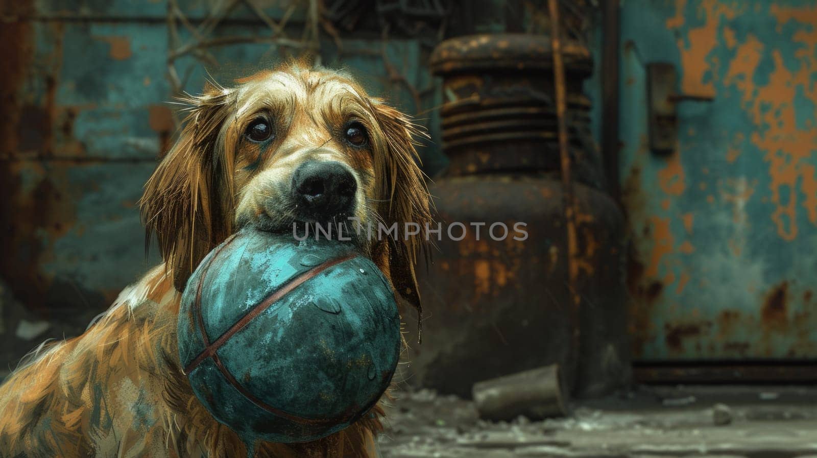 A dog with a ball in his mouth standing next to an old building