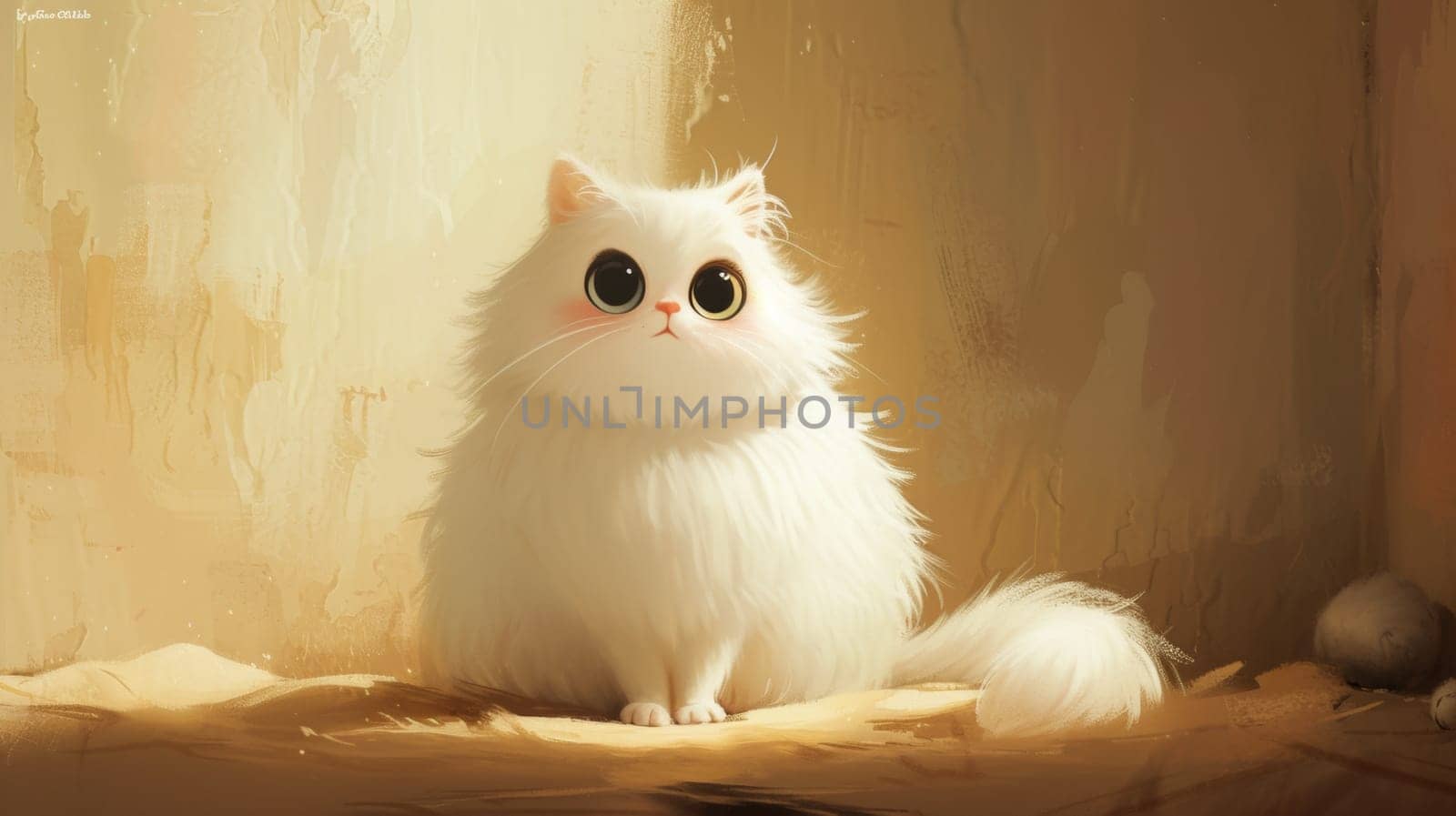 A white fluffy cat sitting on a brown floor with big eyes