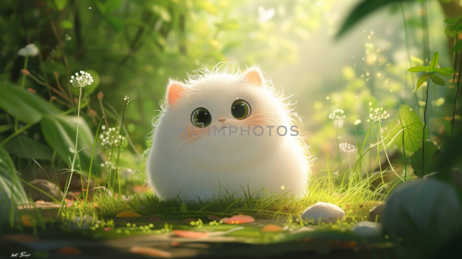 A white fluffy cat sitting in the grass with big eyes
