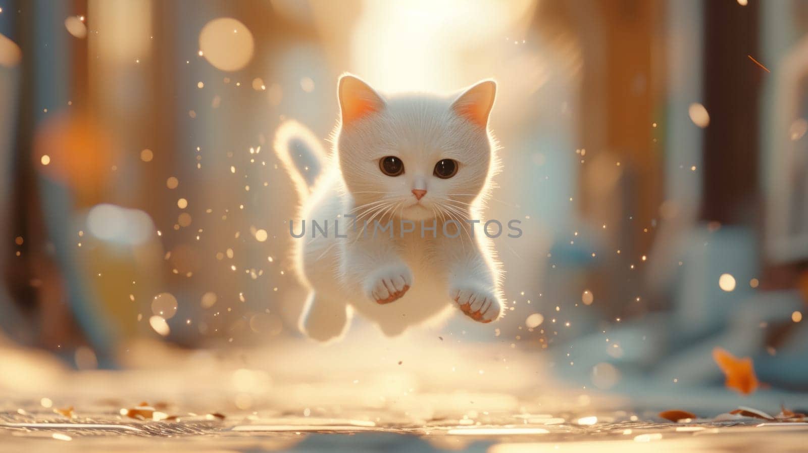 A white cat running on a sidewalk with leaves and dirt