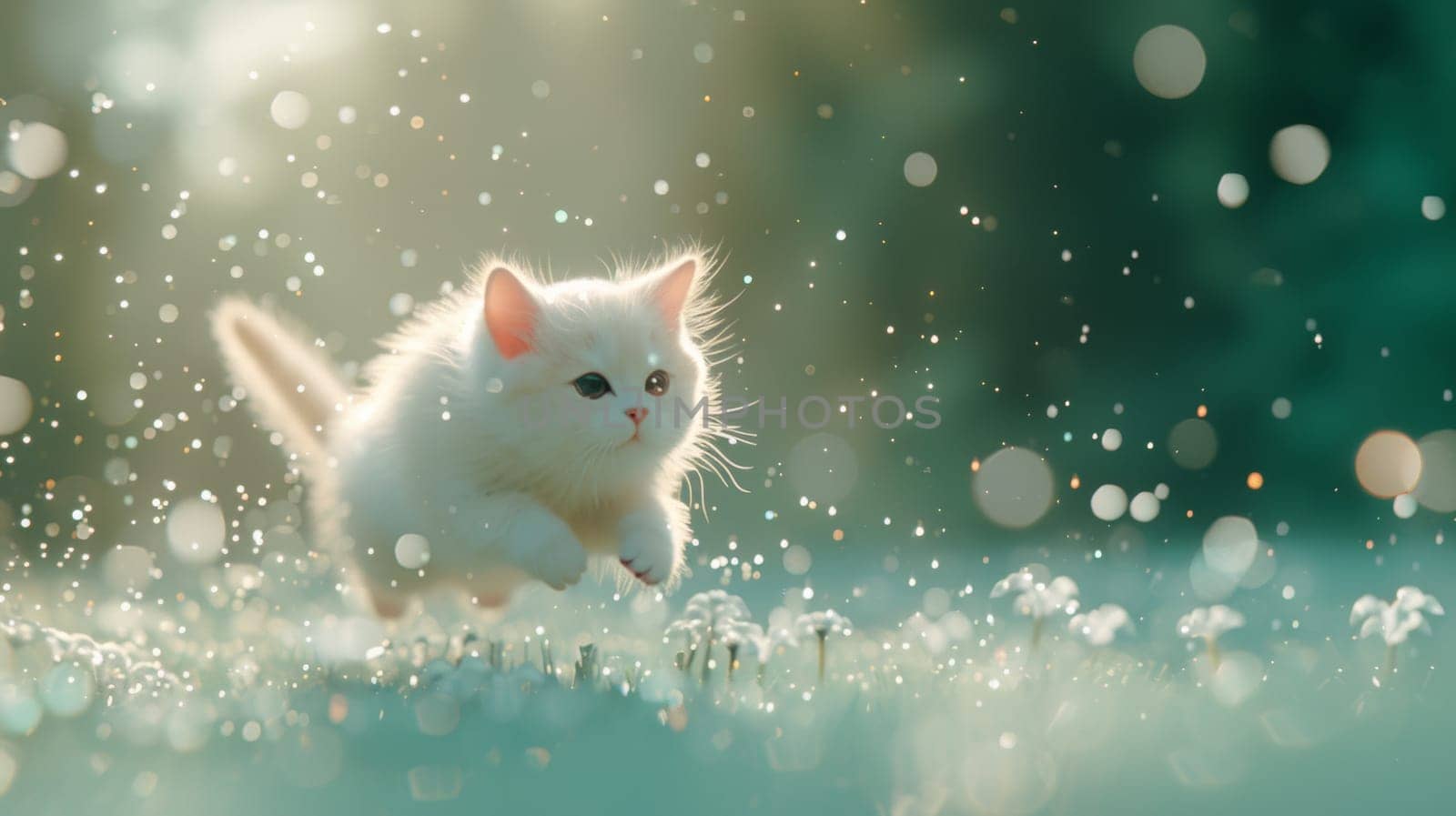 A white kitten running through a field of dandelions