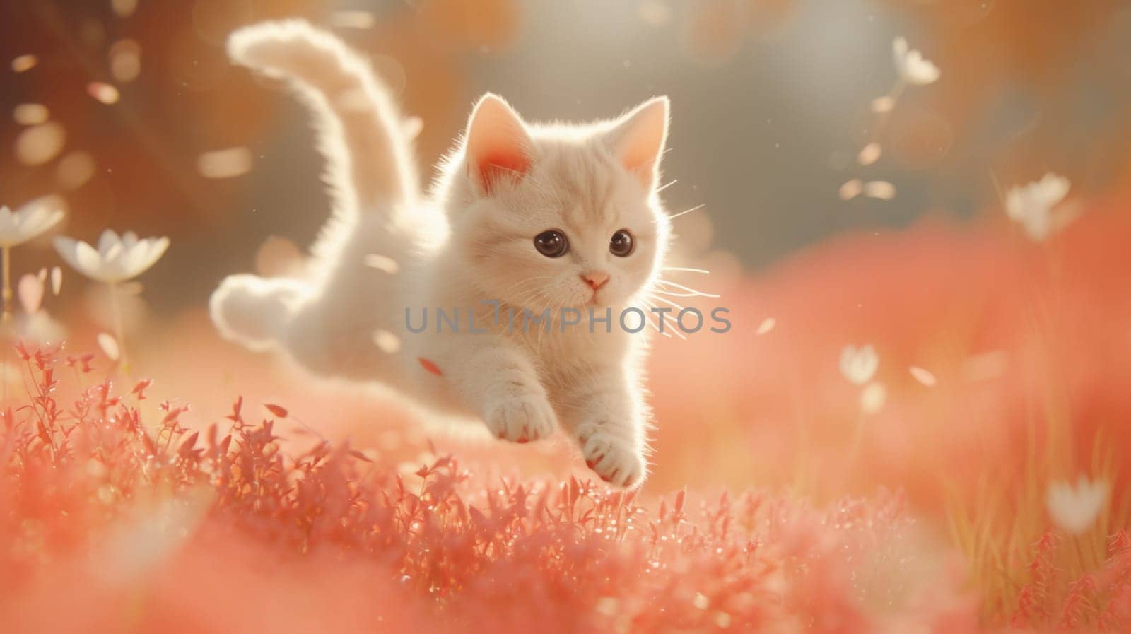 A white kitten running through a field of flowers and grass