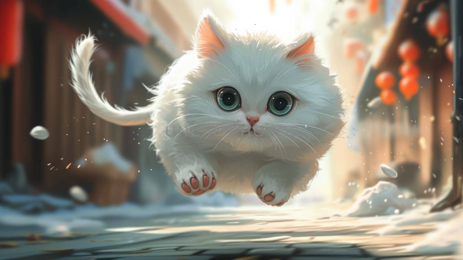 A white cat with big eyes flying through the air