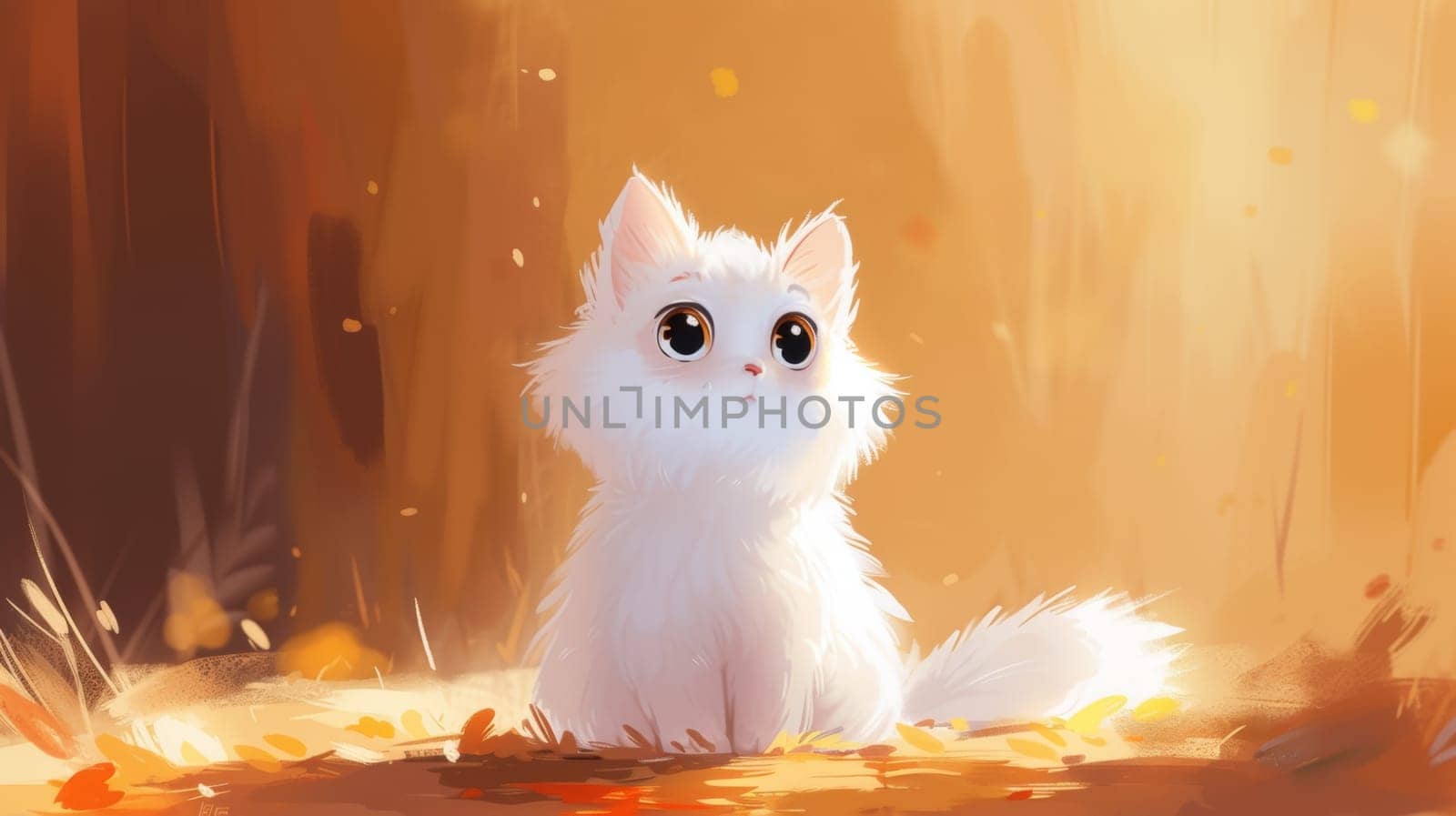 A white cat sitting on the ground with big eyes