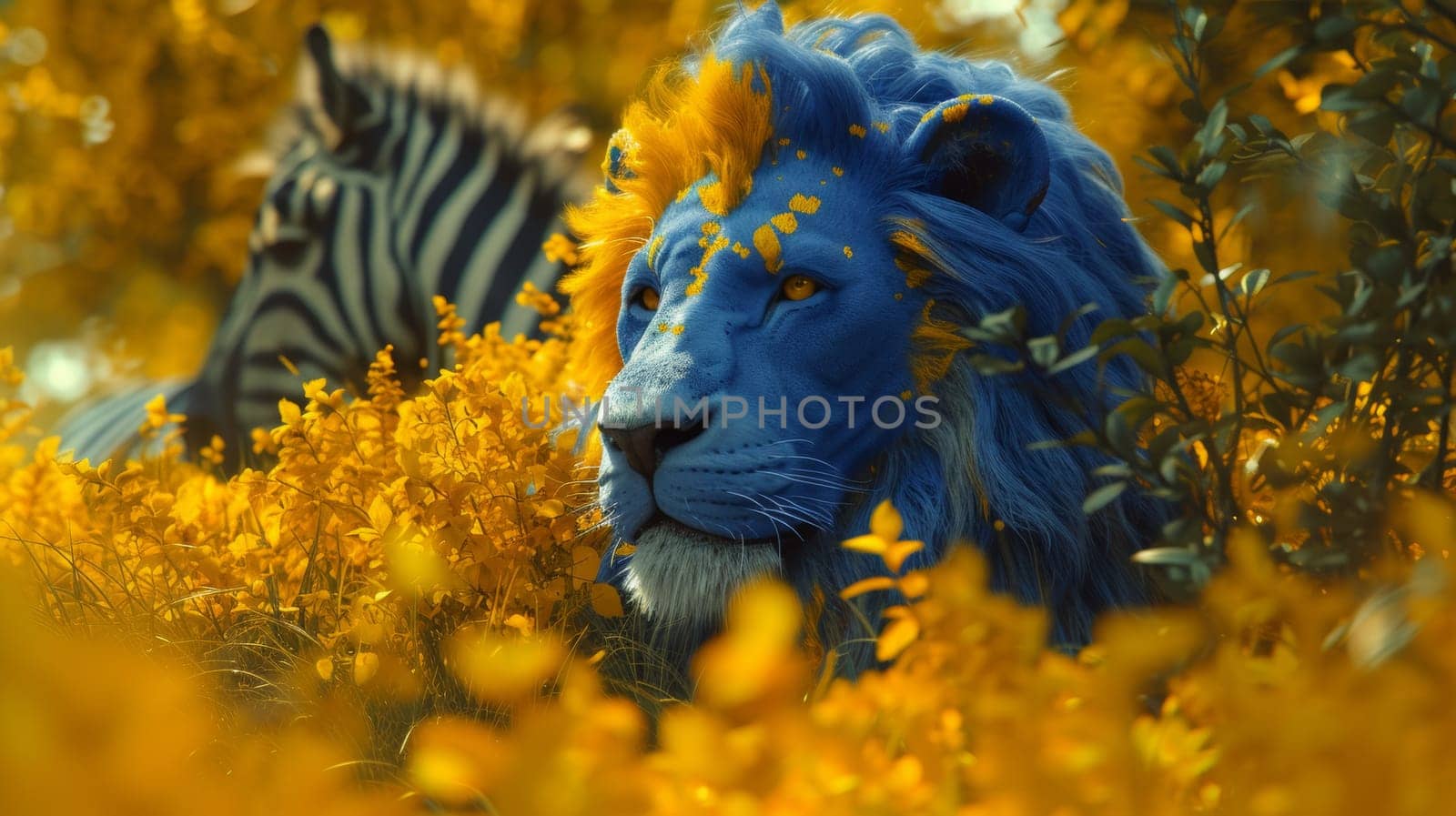 A blue lion and zebra in a field of yellow flowers