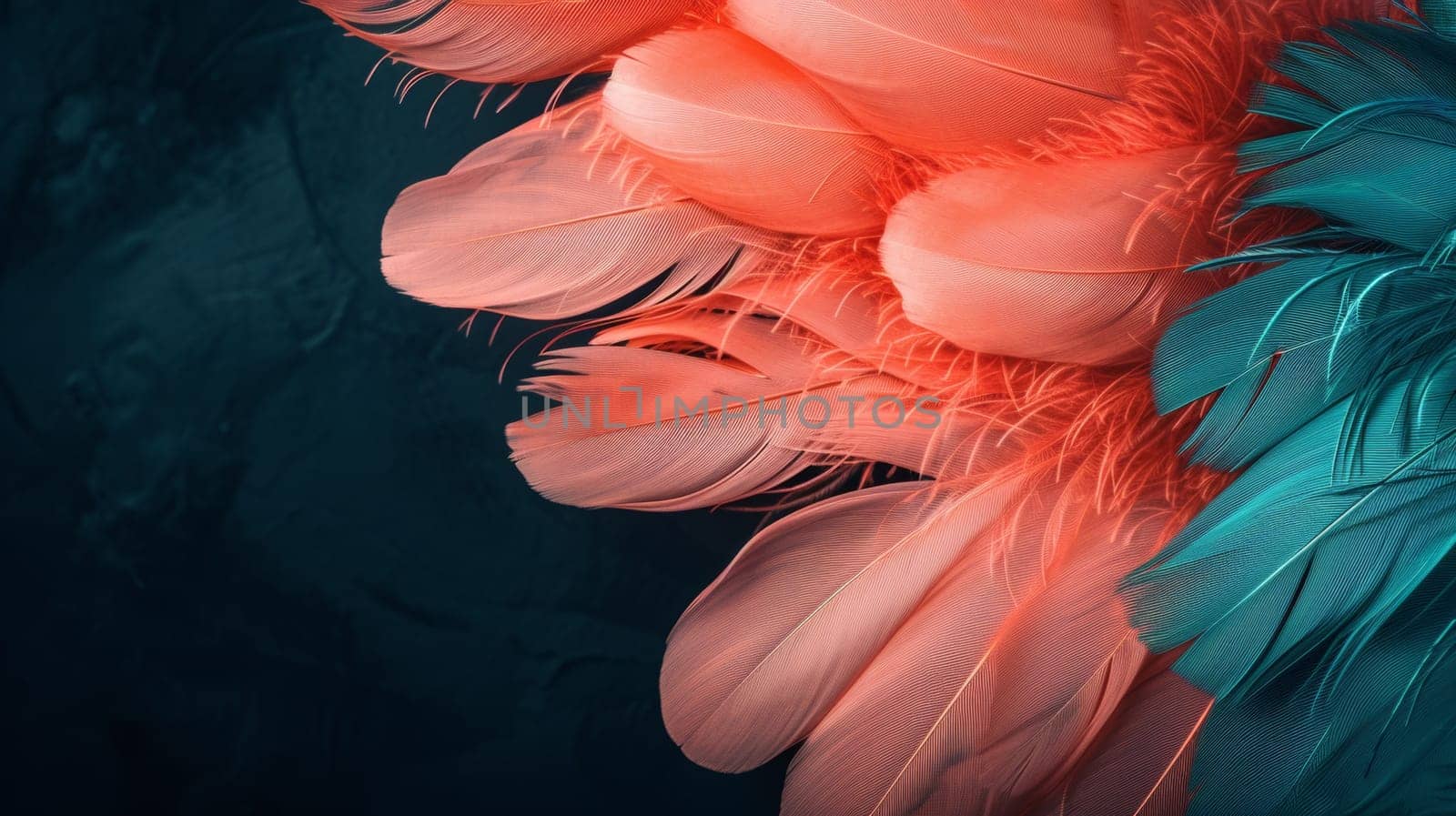 A close up of a bunch of feathers that are blue and pink, AI by starush