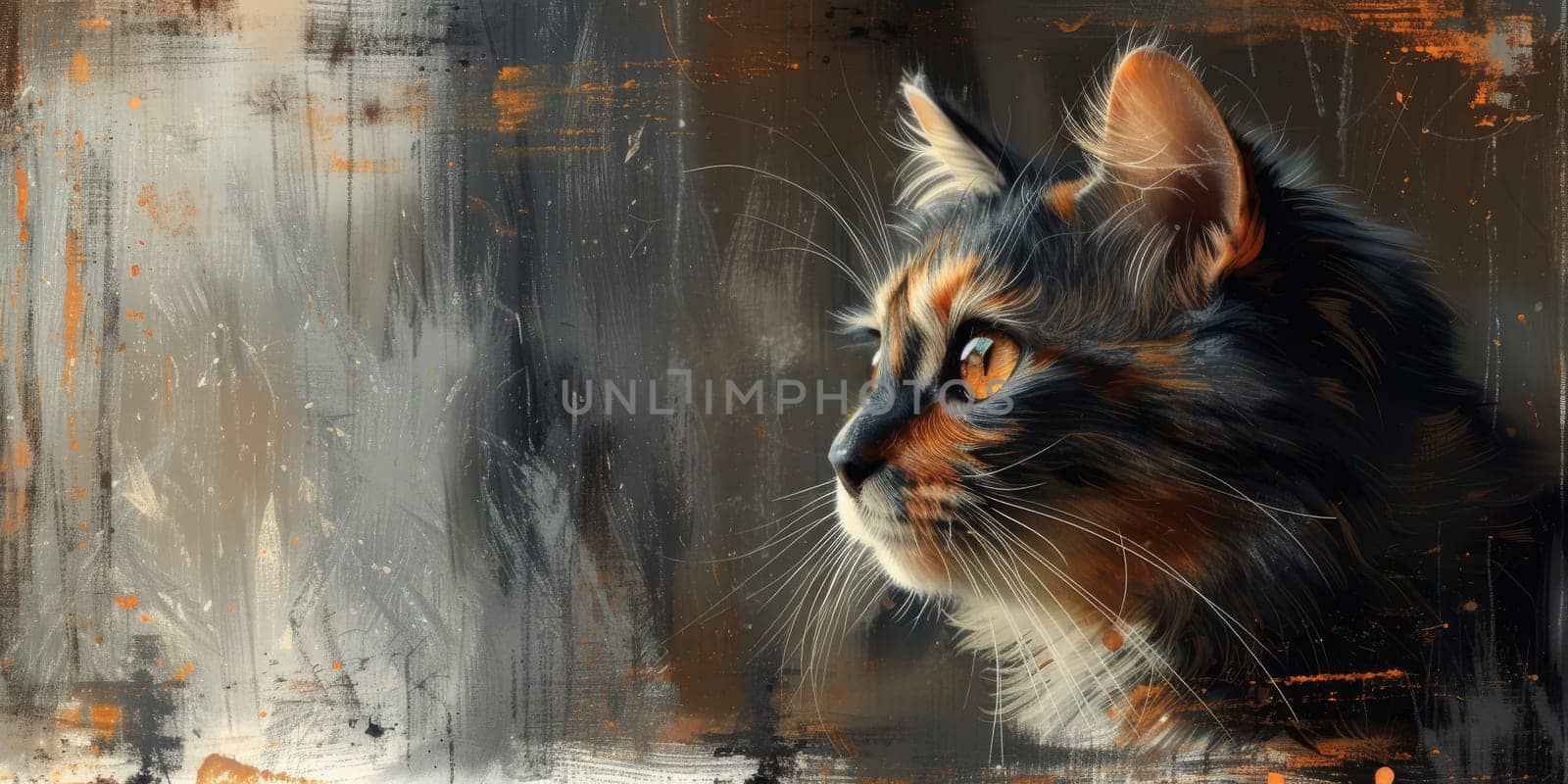 Oil cat portrait painting in multicolored tones. Conceptual abstract painting. Closeup painting oil and palette knife on canvas