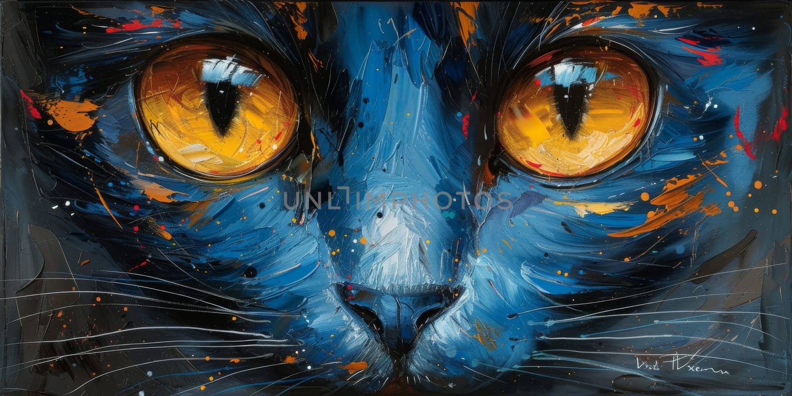 Oil cat portrait painting in multicolored tones. Conceptual abstract painting. Closeup painting oil and palette knife on canvas