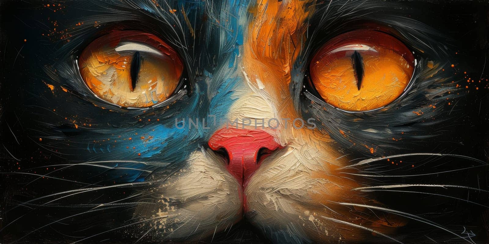 Oil cat portrait painting in multicolored tones. Conceptual abstract painting. Closeup painting oil and palette knife on canvas