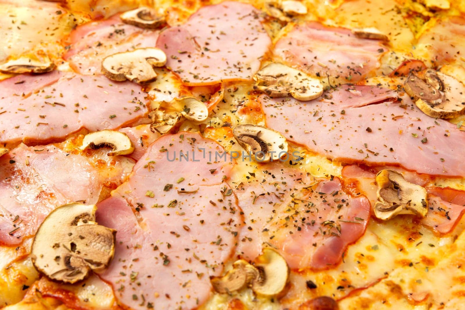 Background with delicious classic italian Pizza with bacon, mushrooms and cheese mozzarella. by BY-_-BY