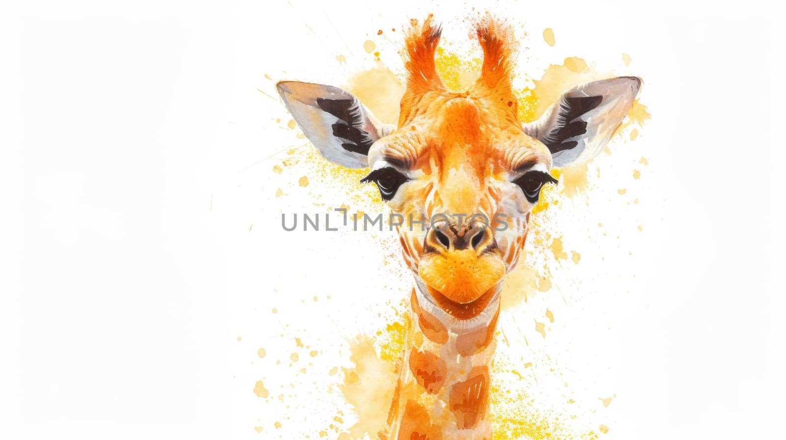 A close up of a giraffe's face with yellow paint splatters