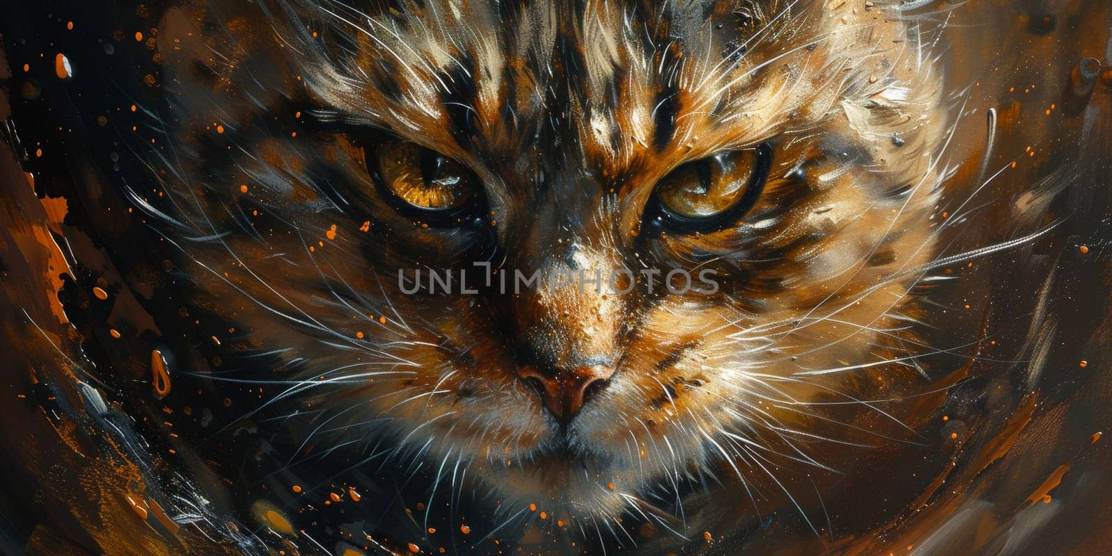 Oil cat portrait painting in multicolored tones. Conceptual abstract painting. Closeup painting oil and palette knife on canvas. by Benzoix