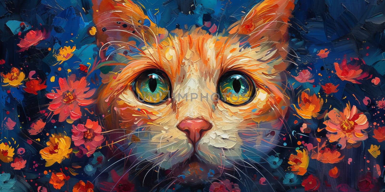 Oil cat portrait painting in multicolored tones. Conceptual abstract painting. Closeup painting oil and palette knife on canvas