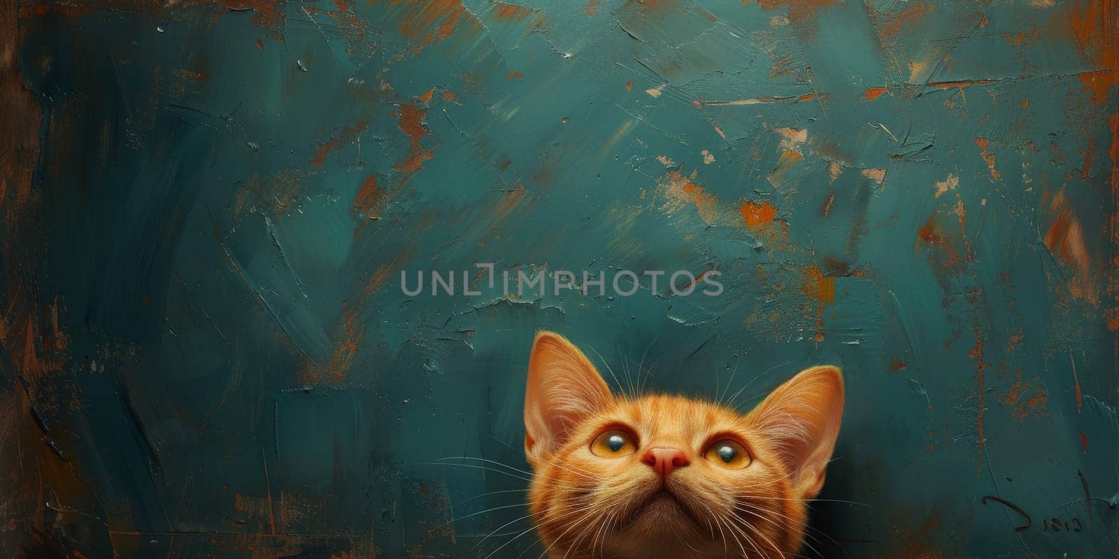 Oil cat portrait painting in multicolored tones. Conceptual abstract painting. Closeup painting oil and palette knife on canvas