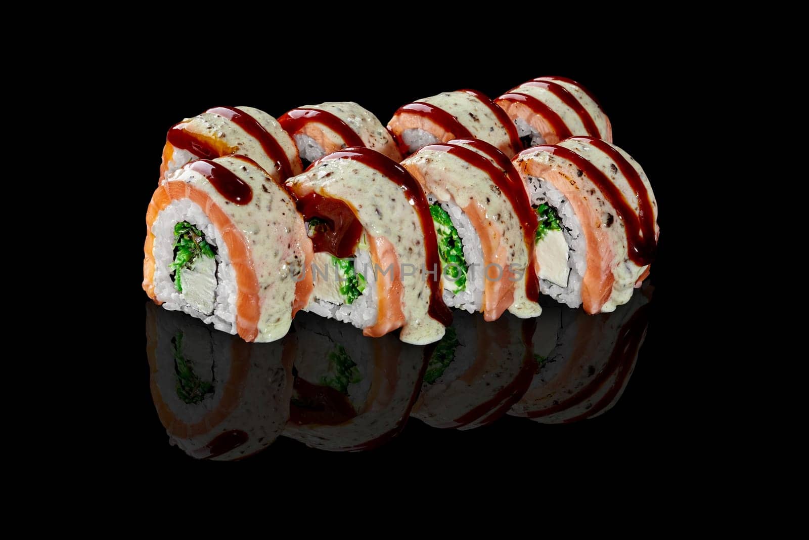 Sushi rolls with cream cheese, hiyashi wakame and salmon by nazarovsergey