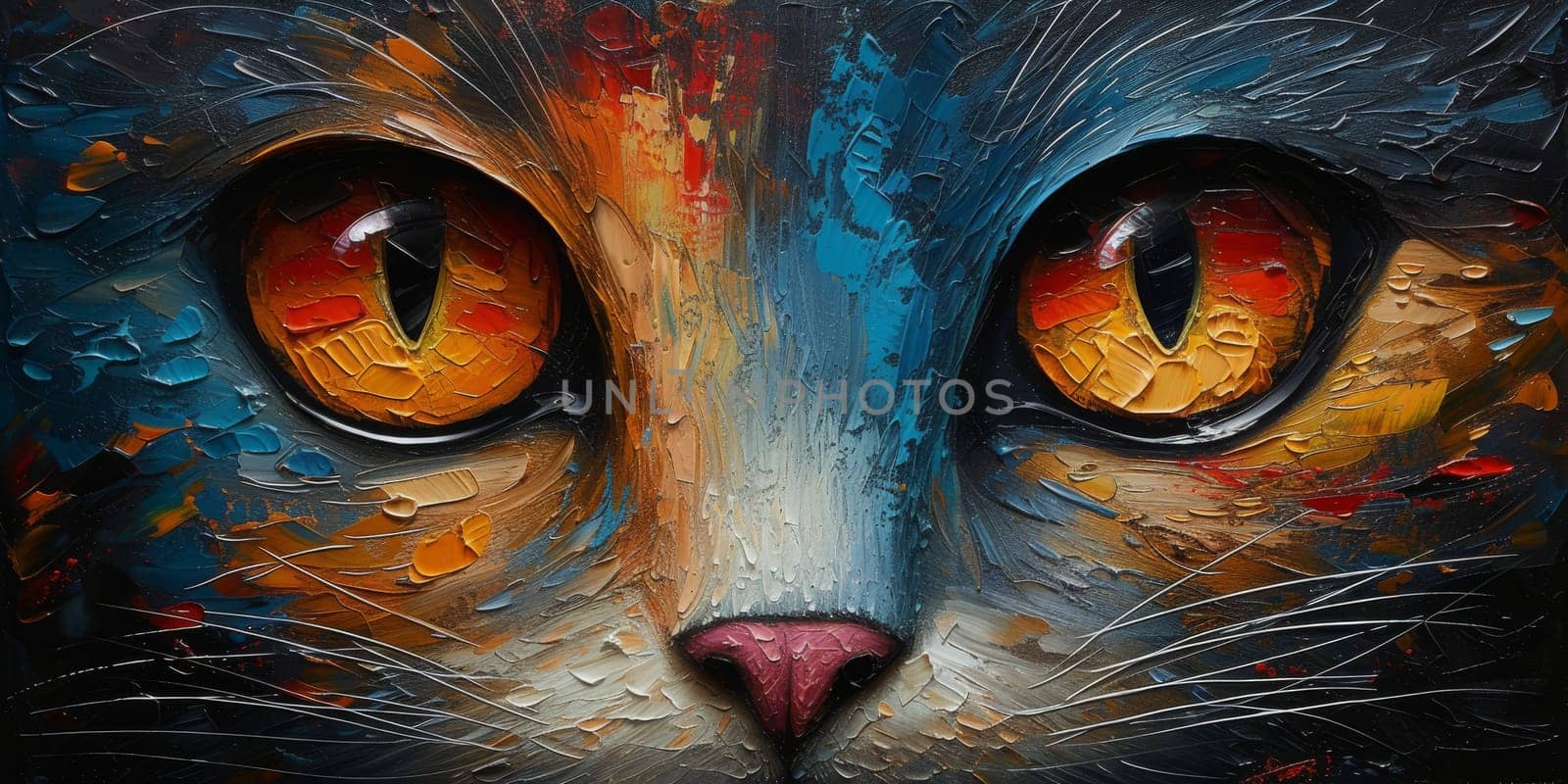 Oil cat portrait painting in multicolored tones. Conceptual abstract painting. Closeup painting oil and palette knife on canvas