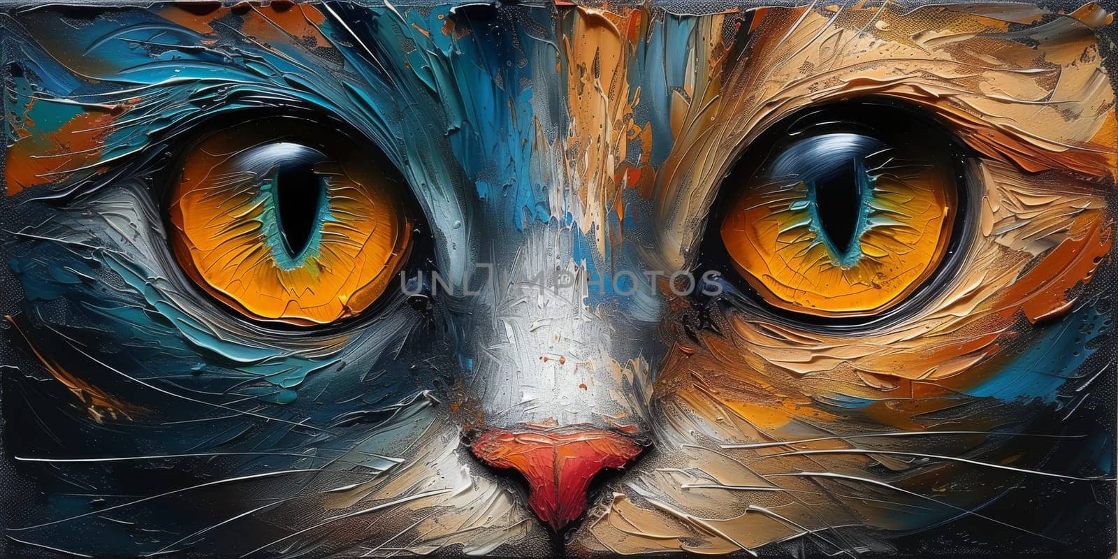 Oil cat portrait painting in multicolored tones. Conceptual abstract painting. Closeup painting oil and palette knife on canvas. by Benzoix