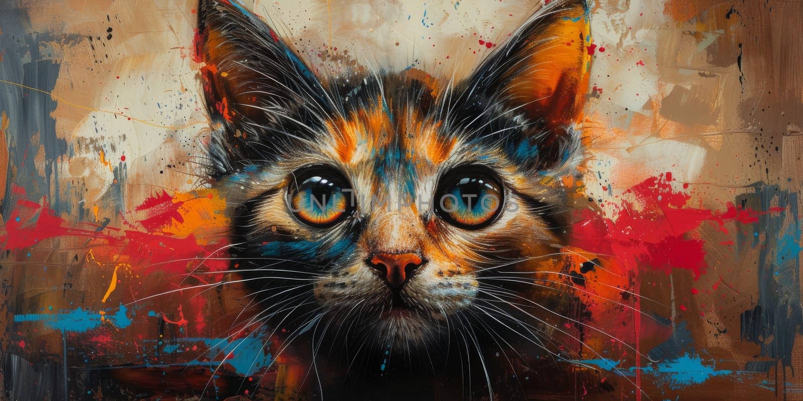 Oil cat portrait painting in multicolored tones. Conceptual abstract painting. Closeup painting oil and palette knife on canvas. by Benzoix