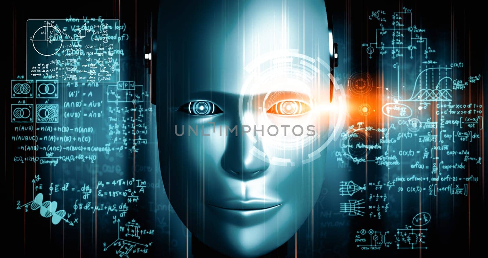 XAI Robot humanoid face close up with graphic concept of engineering science study by biancoblue