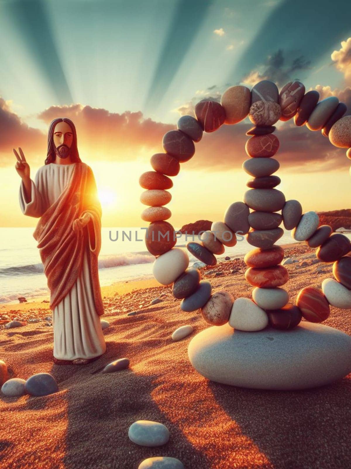 Sculpture of Jesus Christ made of pebbles at the beacj at sunset, asking for peace stop war concept by verbano