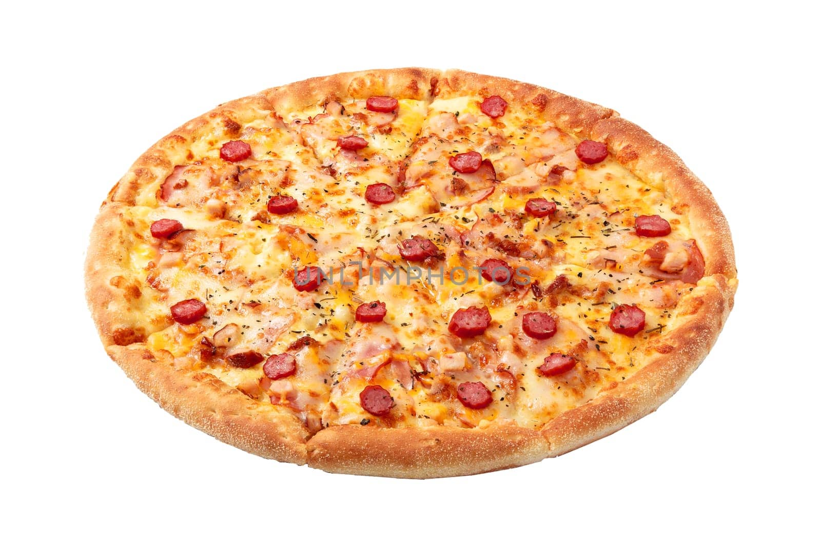 Delicious classic italian Pizza with sausages, bacon, pepper and cheese mozzarella. by BY-_-BY