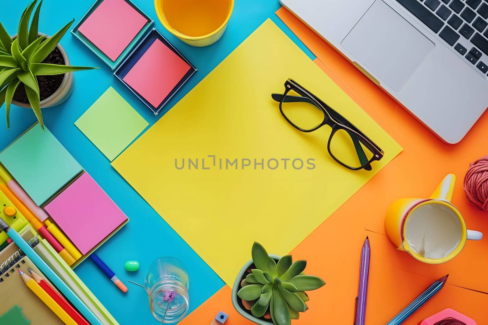 colorful flat-lay background with laptop, glasses. pens and pencils with coffee mug and some potted plants. Neural network generated in January 2024. Not based on any actual scene or pattern.