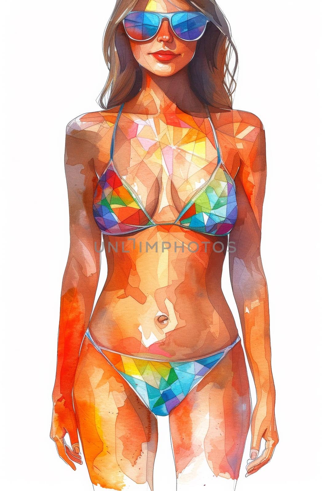 A woman in a bikini with sunglasses and colorful paint