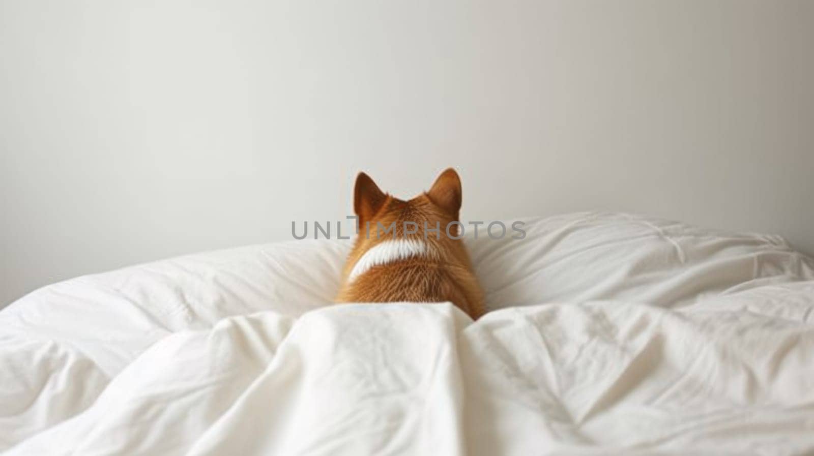 A dog laying on top of a bed with white sheets