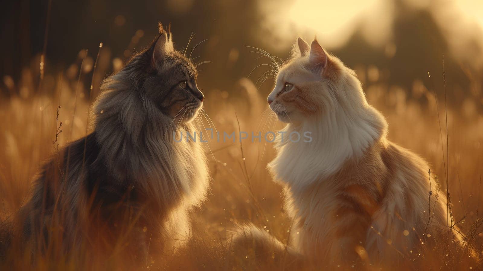 Two cats sitting in a field looking at each other