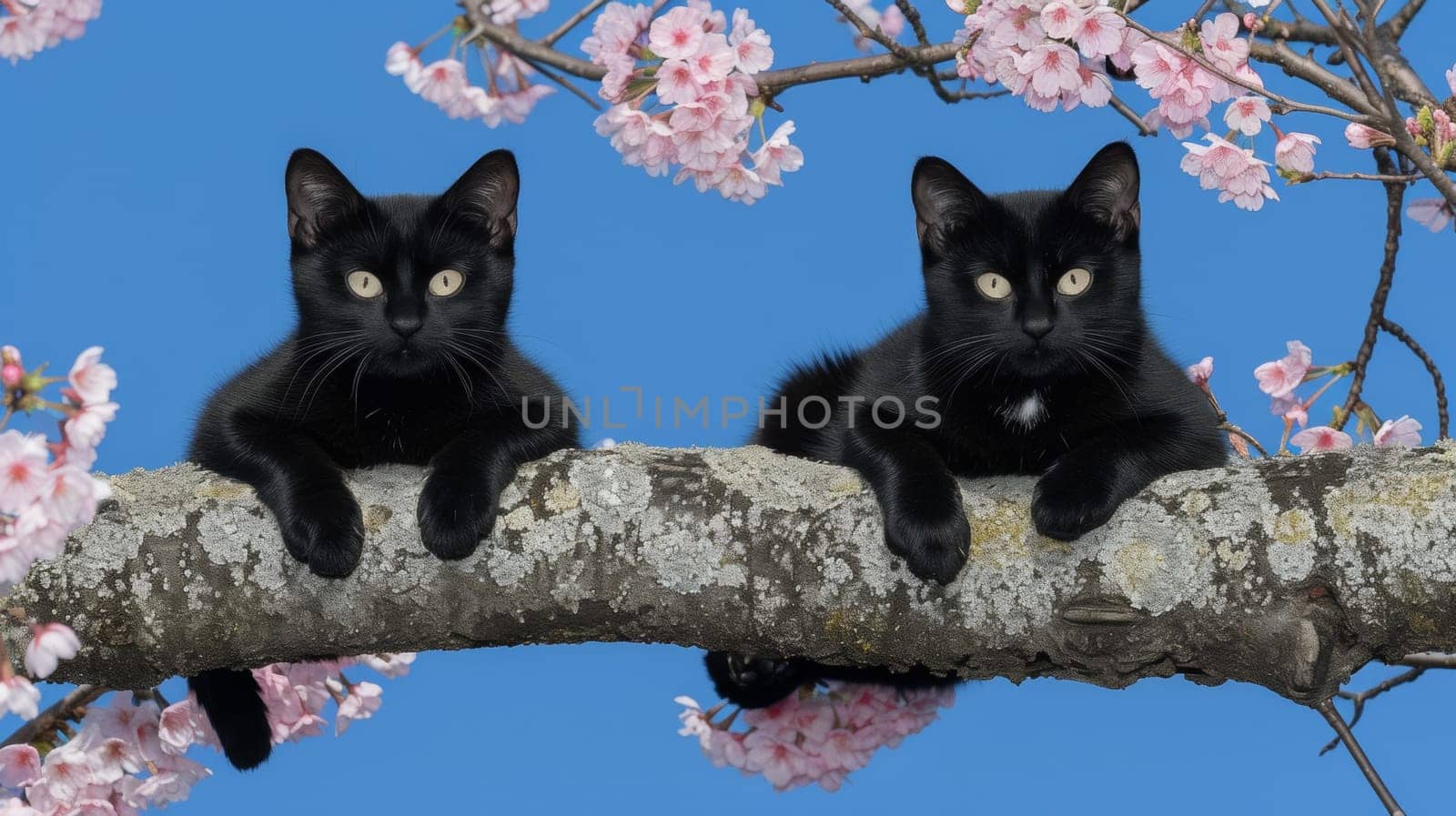 Two black cats are sitting on a branch of a tree