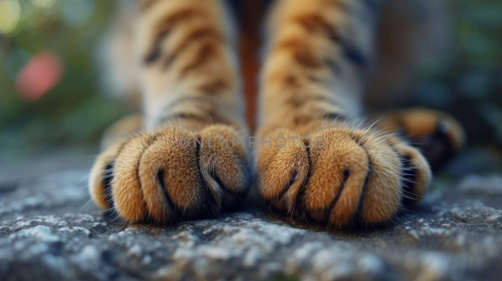 A close up of a cat's paws and claws on the ground