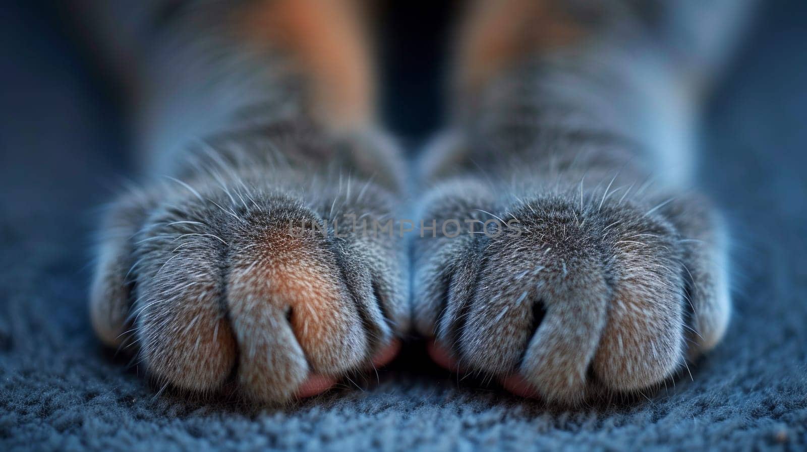 A close up of a cat's paws and toes on carpet