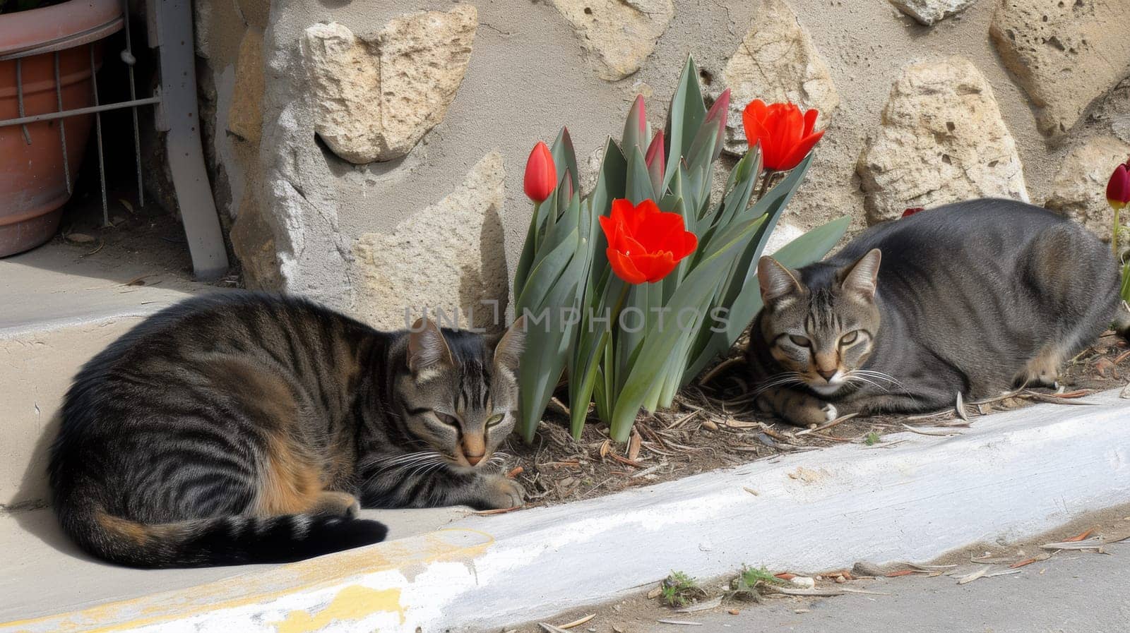 Two cats laying on the side of a building next to some flowers