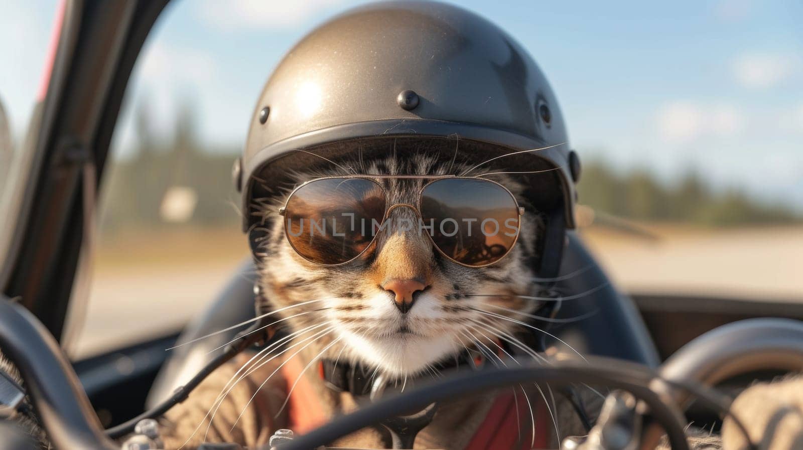 A cat wearing sunglasses and a helmet driving in the car