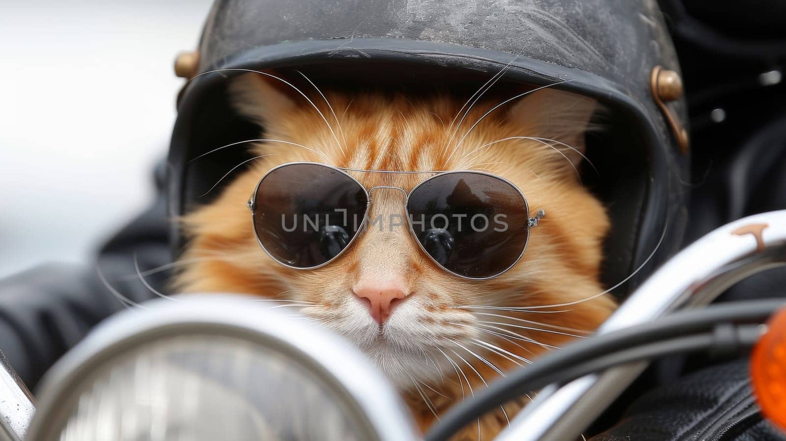 A cat wearing sunglasses and a motorcycle helmet on the back of a bike