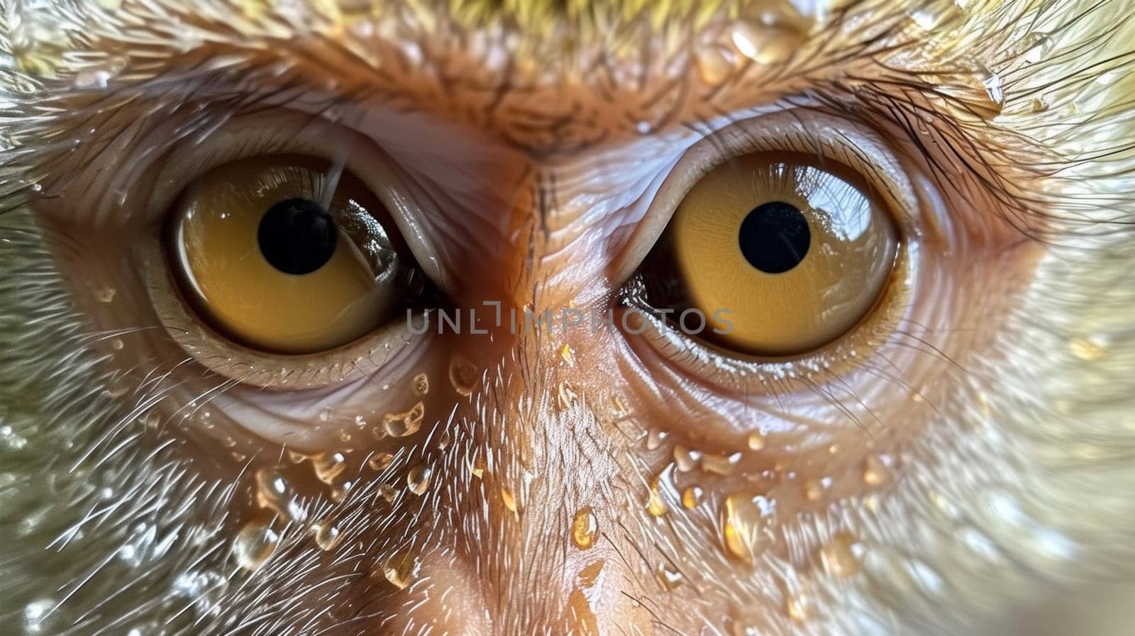 A close up of a monkey's face with water droplets on it