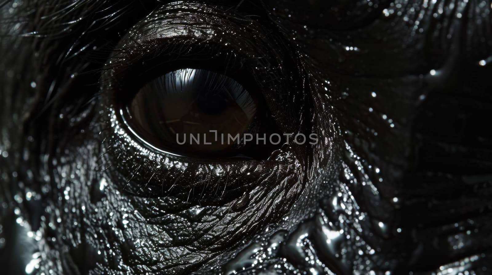 A close up of a black elephant's eye with water droplets