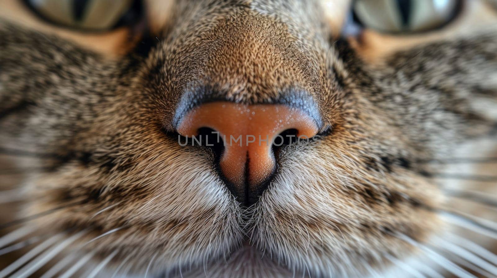 A close up of a cat's nose and eyes with the camera zoomed in