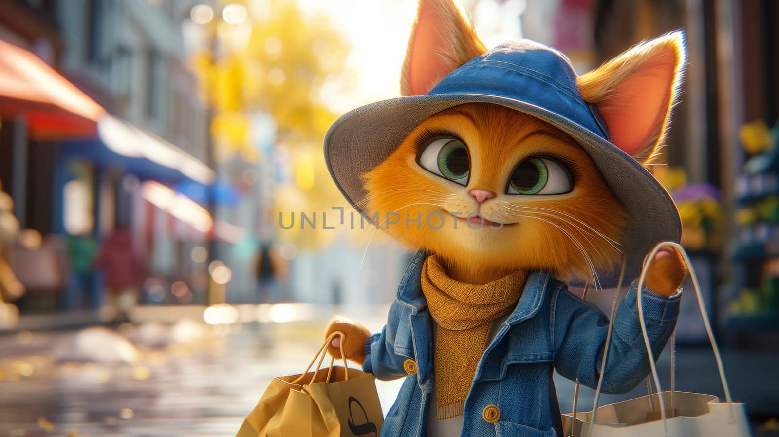 A cartoon cat in a blue hat holding shopping bags