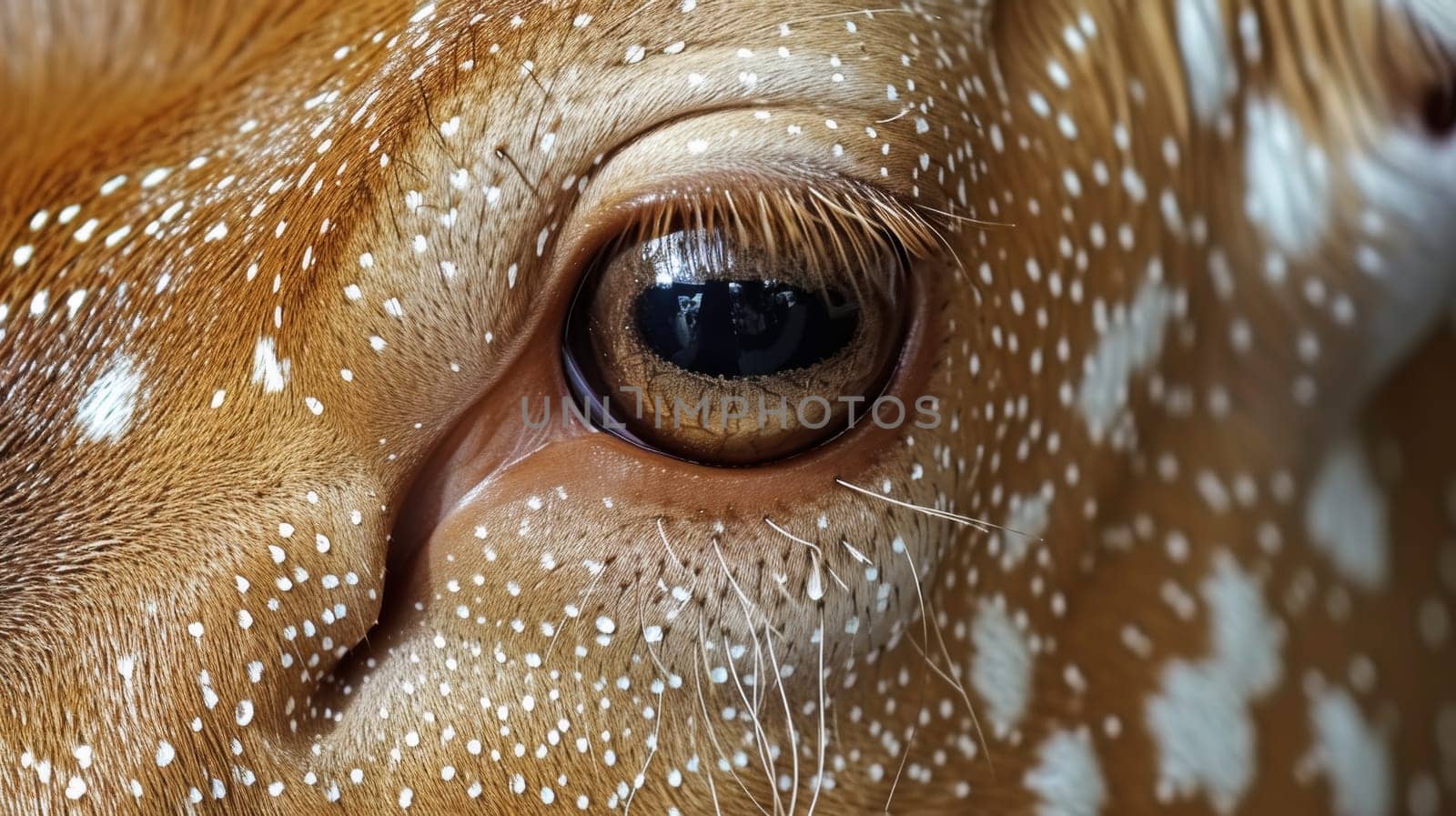 A close up of a brown spotted deer's eye with white spots