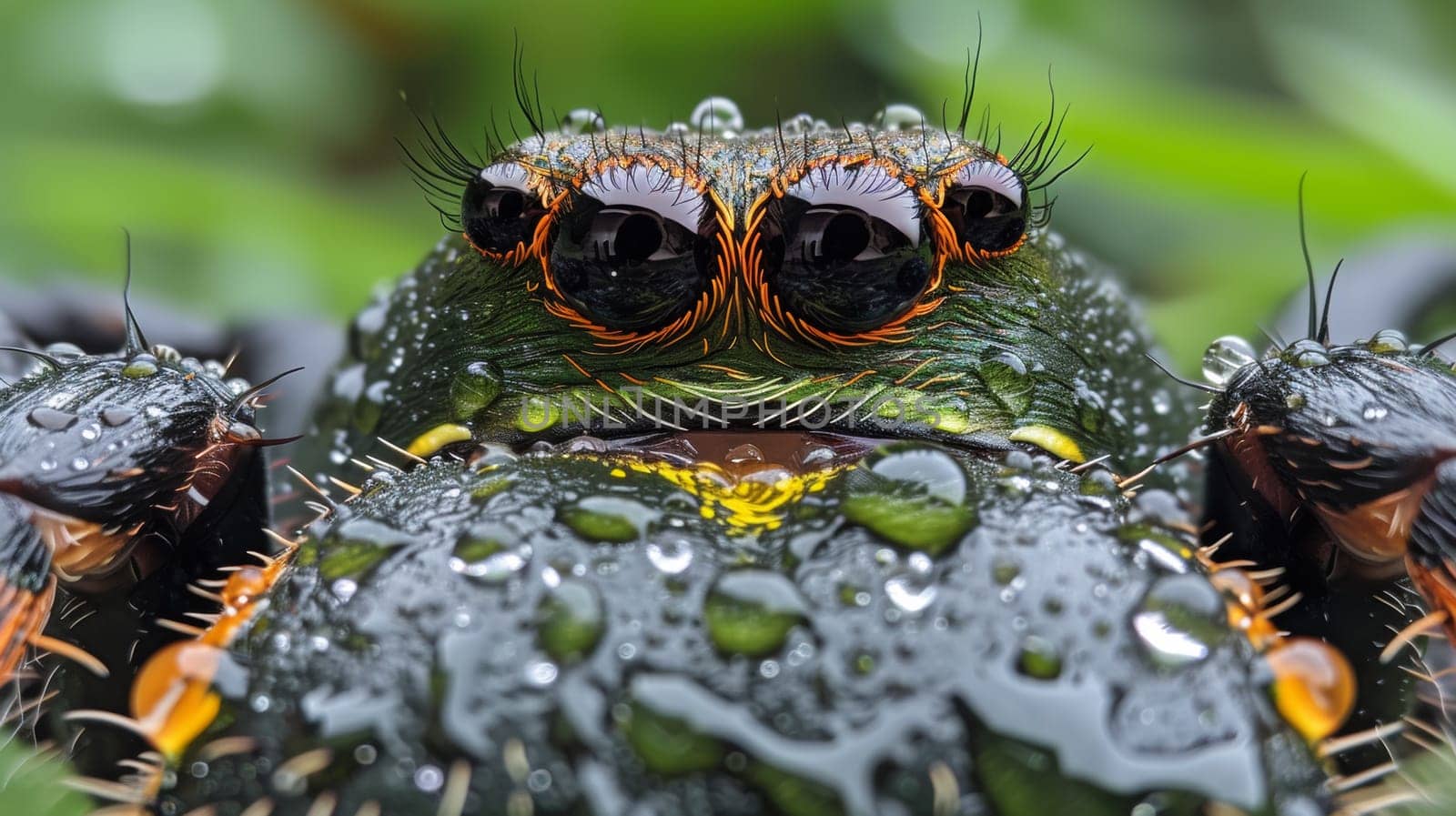 A close up of a spider with water droplets on its face