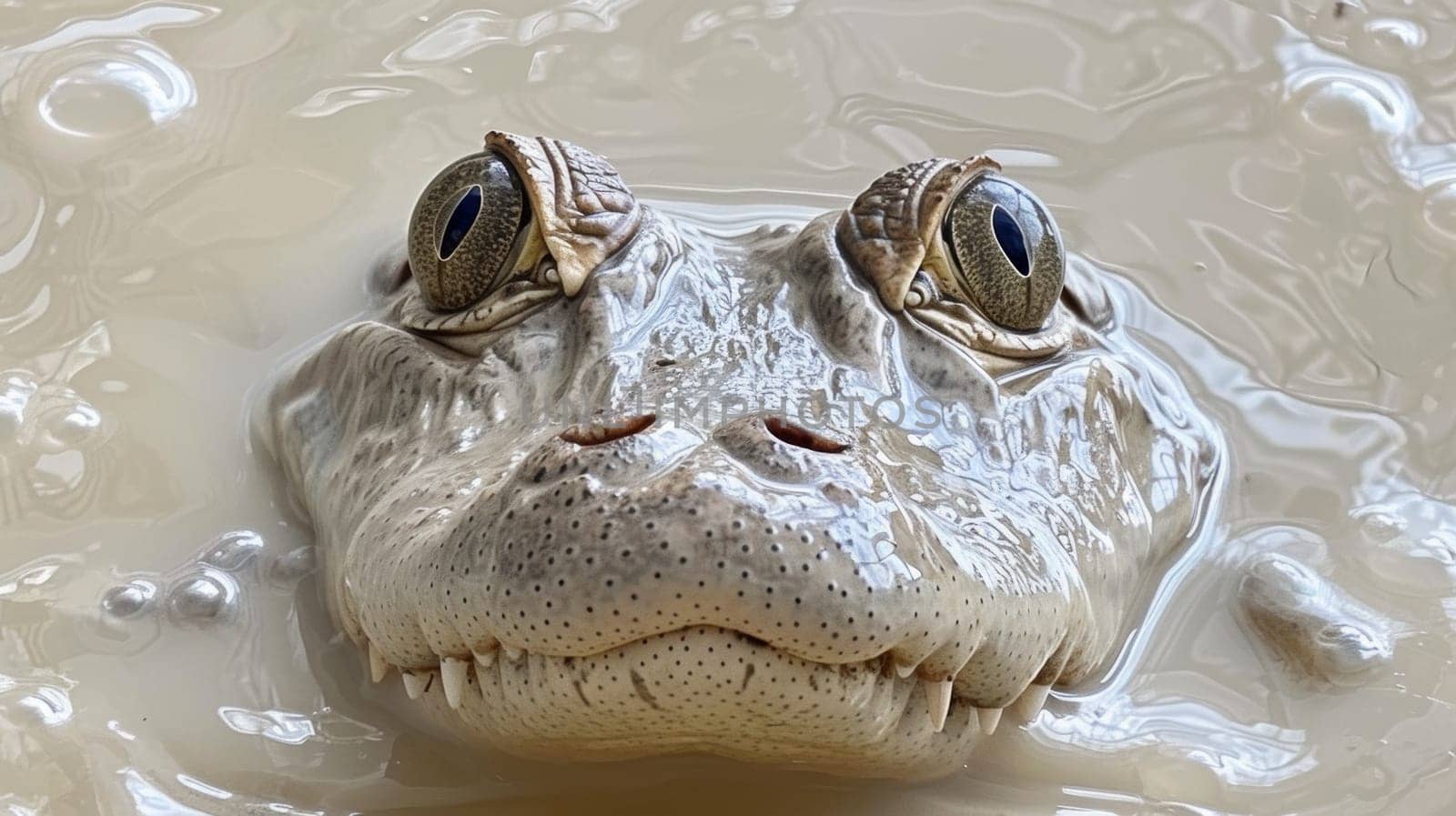 A close up of an alligator's face in a pool