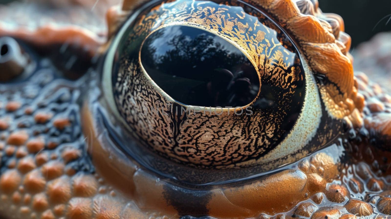 A close up of a large eye on an alligator