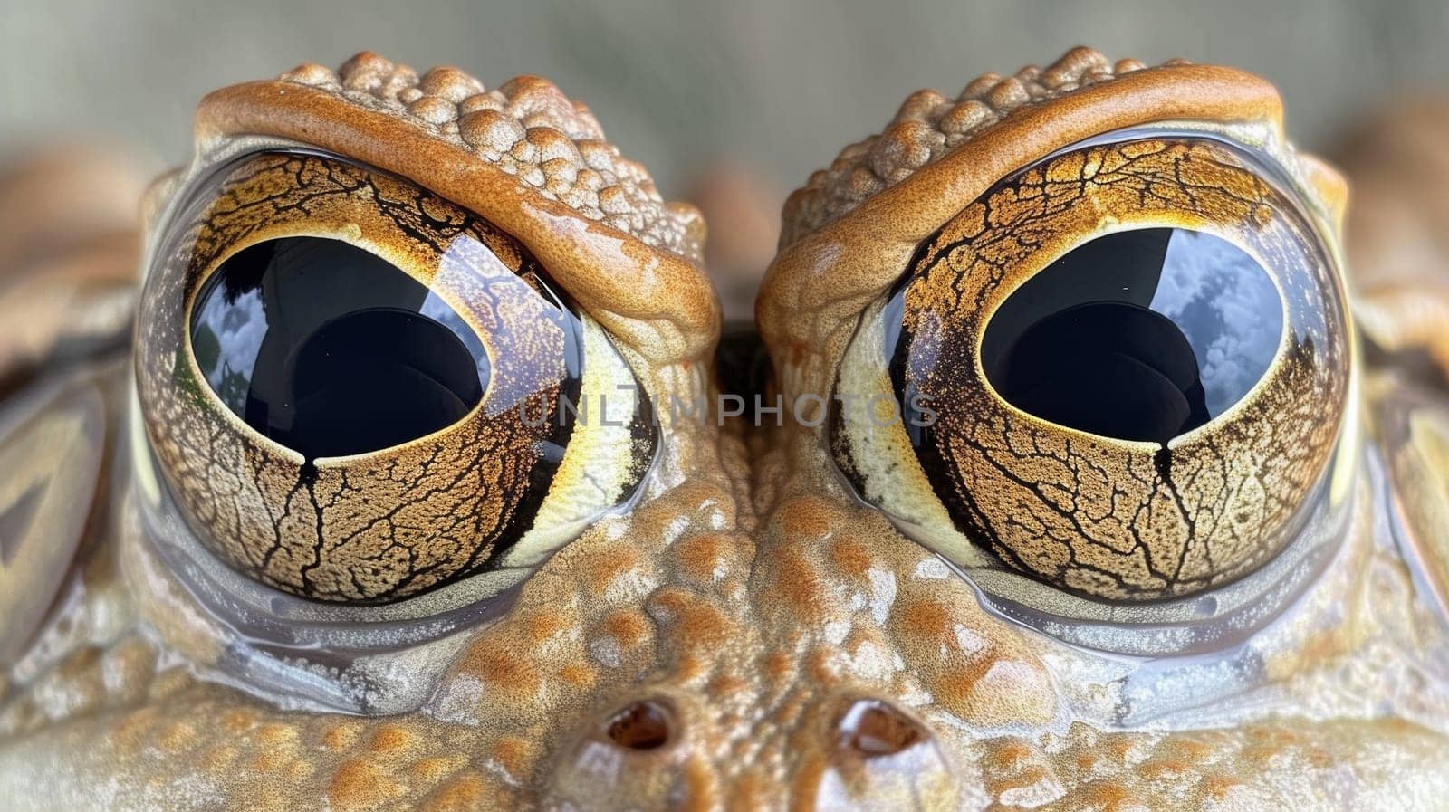 A close up of a frog's eyes with large brown spots